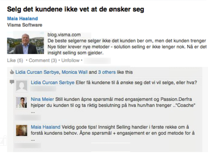 LinkedIn post by Maia Haaland on solution selling, with comments discussing customer needs, insights, and sales engagement strategies.