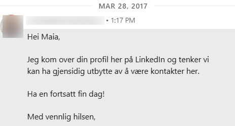 LinkedIn message in Norwegian greeting Maia, suggesting mutual benefit in connecting, and wishing her a good day.