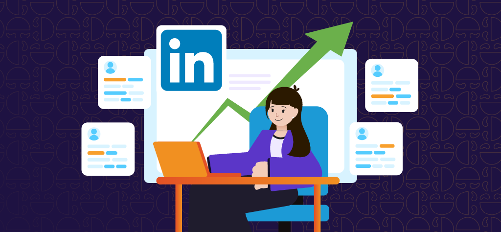 Woman using laptop with LinkedIn logo, profile cards, and upward arrow showing growth in networking or engagement.
