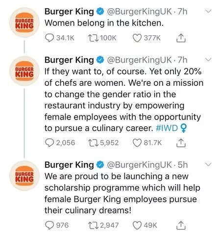 Burger King UK's tweet thread starts with a controversial hook, then promotes gender equality in culinary careers and a new scholarship for women.